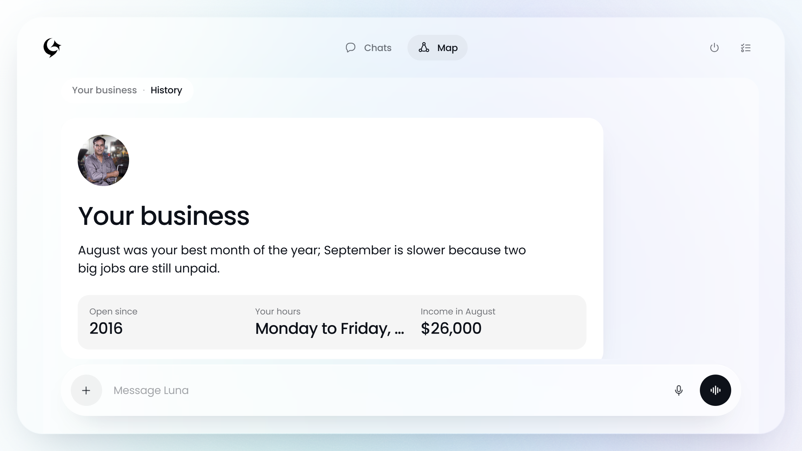 Business history in Luna Agent, with income and what's coming up