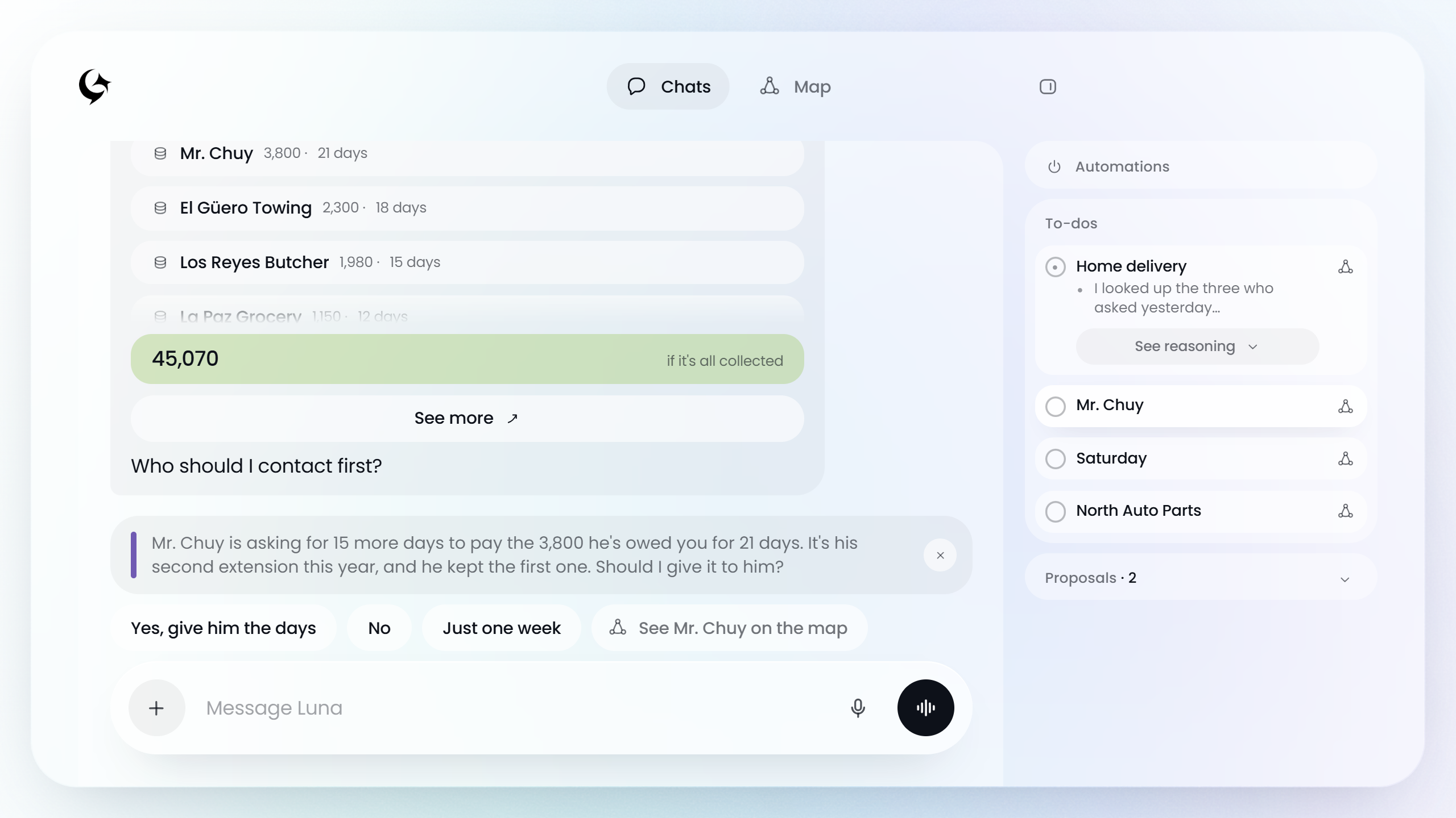 Luna Agent chats: to-dos, the conversation with Luna, and proposals