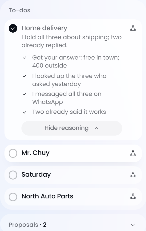 Luna's reasoning: got your answer, looked up the three customers, messaged them on WhatsApp, two already replied